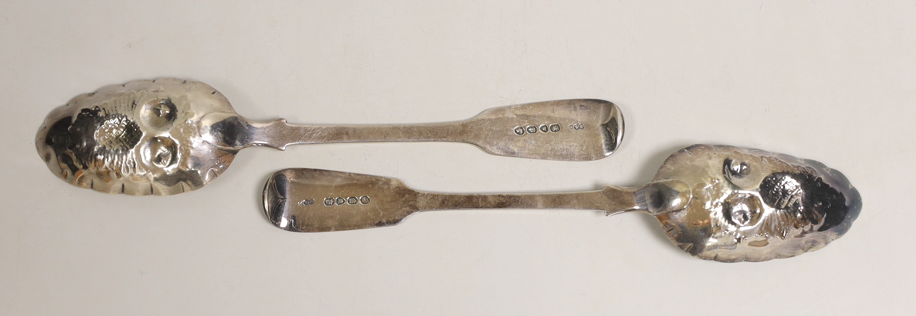 A pair of Victorian silver fiddle pattern 'berry' spoons, George Adams, London, 1850, 22.7cm, 4.8oz.